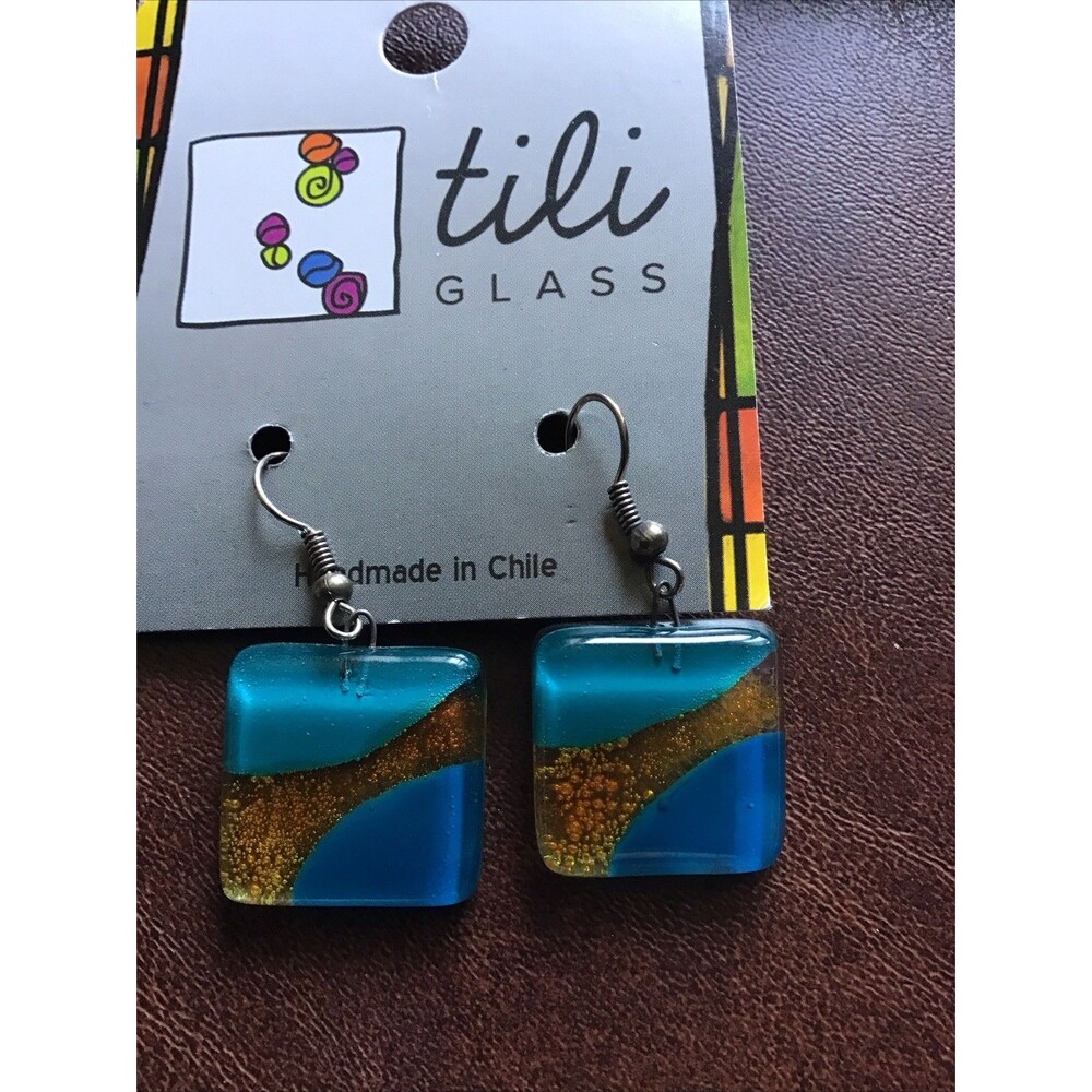 Tili Glass Handmade Earrings Chile Square Fused Art Glass Blue Gold Dangle Drop - Picture 4 of 4